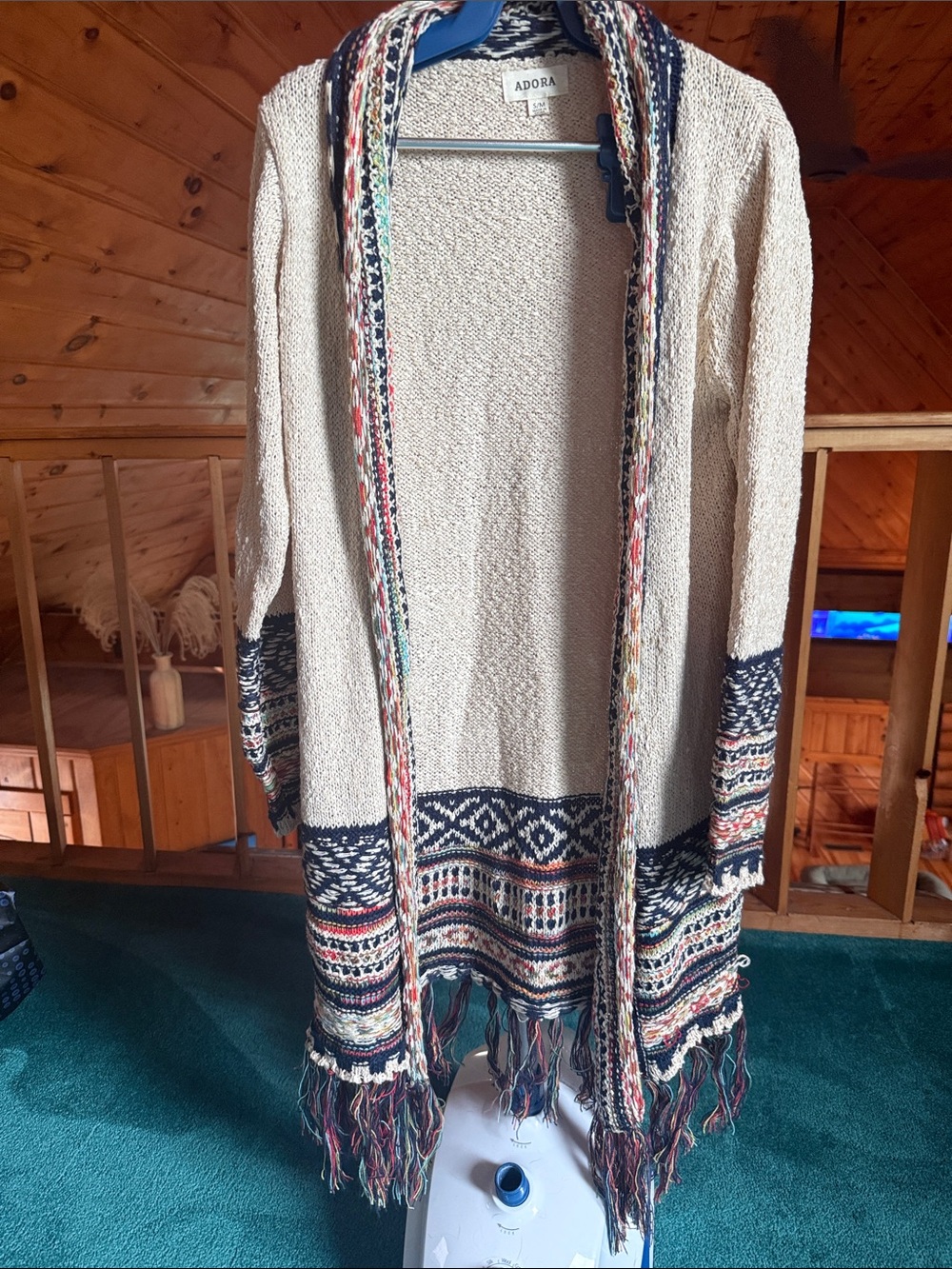 ADORA Cream Open-Front Fringe Cardigan with Navy & Multicolor Trim